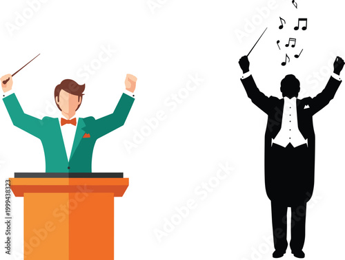 Orchestra Conductor Illustration with Baton, Music Notes, and Performance Leadership Concept