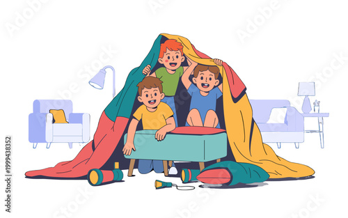 Kids playing happily in a self-made fort.