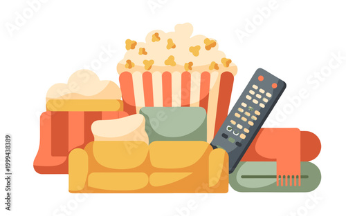 A cozy movie night scene with a popcorn, sofa, remote and snacks.