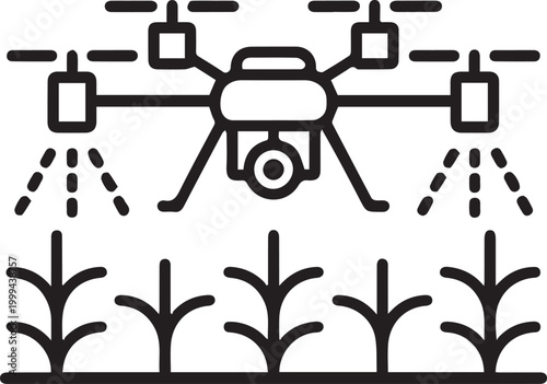 cad drawing flat vector illustration of an agricultural drone spraying pesticides over farm crops, smart farming technology for industrial plant protection and modern irrigation.