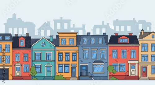 Tableau sur toile Colorful row houses, urban neighborhood, residential buildings, cartoon style