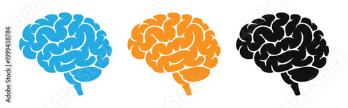 Brain icons in blue, Orange, And black on white background for concepts of intelligence, Thinking, And creativity vector illustration