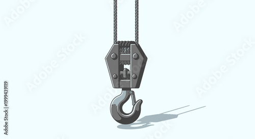Heavy duty crane hook suspended by steel cables, industrial machinery detail