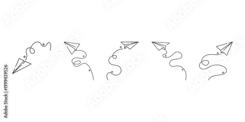 Set of hand-drawn paper airplane doodles with flight paths