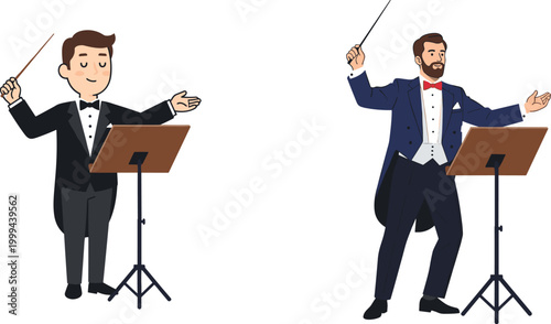 Orchestra Conductors Illustration with Baton, Music Stand, and Classical Performance Scene