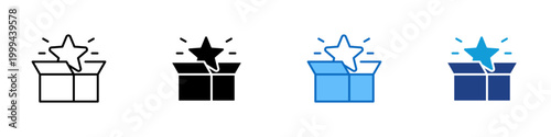 Reward Box Multiple Style Icon Design Vector - Open box with star representing reward delivery, surprise gift, and promotional offering