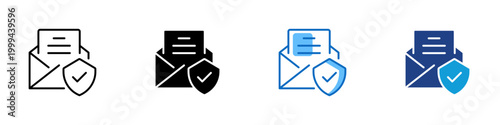 Verified Mail Multiple Style Icon Design Vector - Envelope with document and shield representing verified communication, trusted delivery, and approval validation