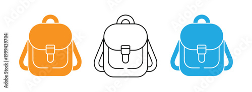 Colorful backpack icons in orange blue and black on white background vector illustration