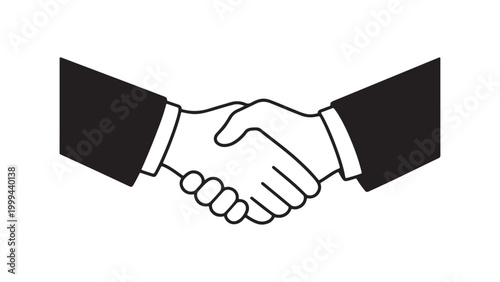 A black and white illustration of a handshake representing agreement partnership and collaboration in a business setting