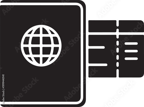 Black and white icon of a passport and boarding pass