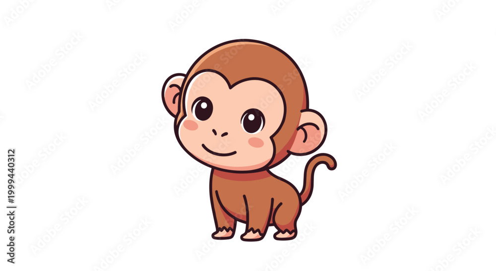 Obraz premium Adorable brown monkey character standing alone on a plain white background in a simple flat cartoon illustration style.