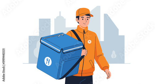 Friendly delivery man holding a blue cooler bag in an urban city background