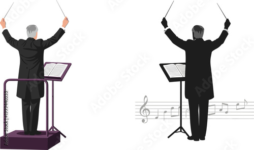 Orchestra Conductor Back View Illustration with Baton, Music Stand, and Classical Symphony Performance