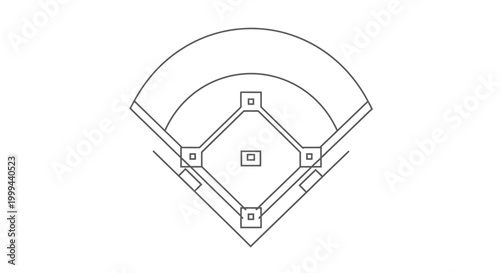 Detailed Outline Drawing of a Baseball Field Layout, isolated white background.