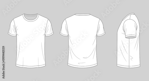 Blank White Men's T-Shirt Template Mockup with Front, Back, and Side Views, in bright studio.