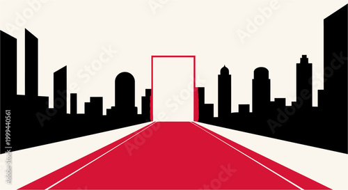 A graphic illustration of a red carpet leading through an open doorway in a city skyline silhouette, symbolizing opportunity.