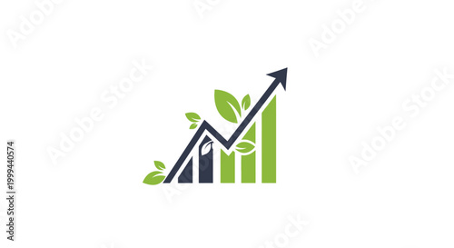 Sustainable Business Growth Chart with Arrow and Green Leaves, isolated white background.