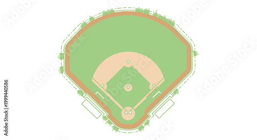 Fotografi Classic Baseball Field Diagram with Green Grass and Stadium Layout, isolated whi