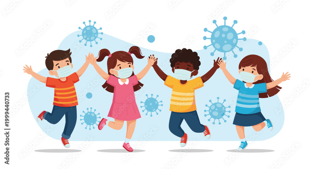 Fototapeta premium Diverse group of children holding hands and wearing face masks to protect against virus spread during a health crisis.