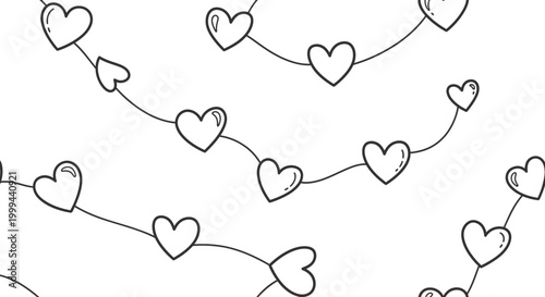 Hand-drawn doodle style string of hearts connected by a wavy line on isolated white background.