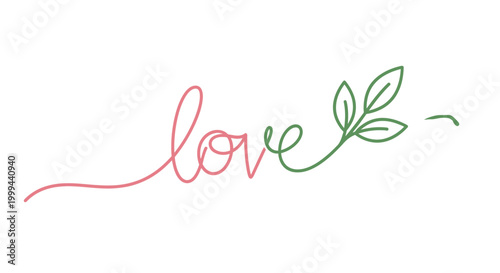 Elegant pink "love" word written in script font with green leaf accent on isolated white background.