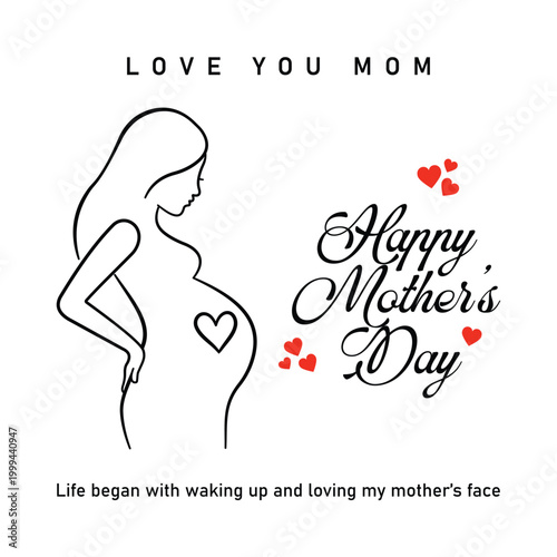 Love you mom happy mothers day black and white line art of pregnant woman silhouette with red hearts for minimalist greeting card design and maternity clinic branding or social media templates.