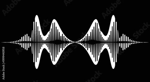 Abstract white sound wave visualizer on black background, digital audio frequency equalizer.