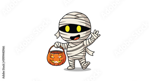 Cute cartoon mummy character holding a pumpkin jack o lantern basket for trick or treating on a halloween night.