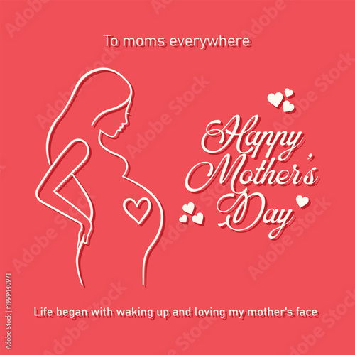 Pregnant woman line art on red background for happy mothers day greeting card with heart symbols and cursive typography for expectant mothers celebration and prenatal healthcare marketing banner.