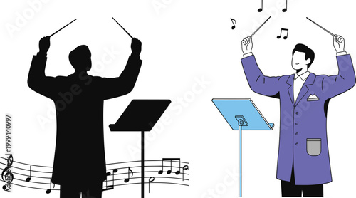 Orchestra Conductor Illustration with Music Director, Baton, Sheet Stand, and Classical Performance Concept