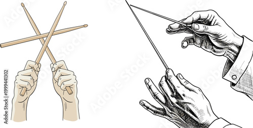 Music Conductor Hands with Baton and Drumsticks Illustration, Classical Performance and Rhythm Concept