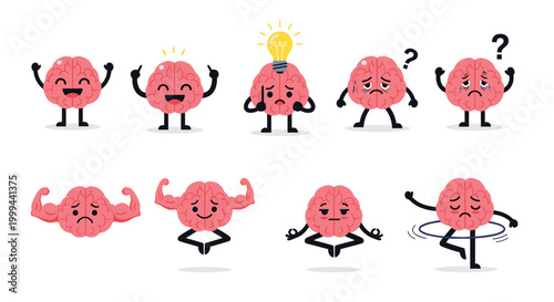 Collection of cartoon brain characters expressing different emotions and activities like thinking, exercising, and resting.