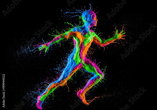 Human form made of vibrant liquid splashes in motion