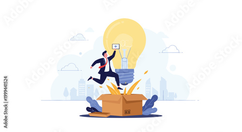 Ambitious businessman jumping out of a cardboard box towards a giant glowing light bulb symbolizing a new creative idea.
