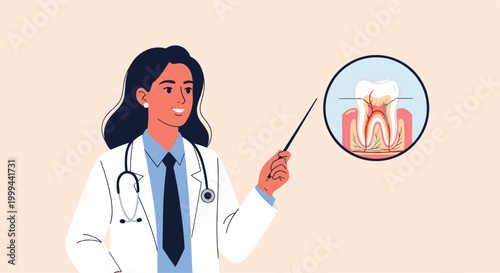 Professional female dentist in a lab coat pointing at a detailed anatomical diagram of a human tooth in a circular frame.