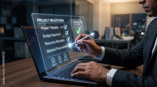 Foto Businessman using stylus to interact with futuristic holographic project managem