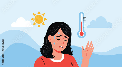 Woman in a red shirt wiping sweat from her forehead while feeling distressed by the extreme heat of the sun and high temperature.