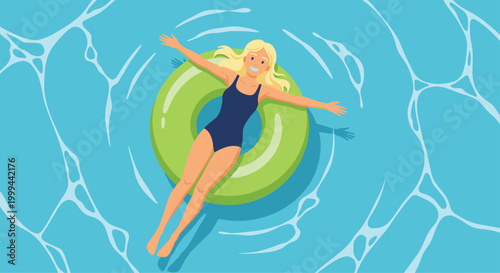 Top view of a happy blonde woman wearing a black swimsuit floating on a bright green inner tube in clear blue ocean water.