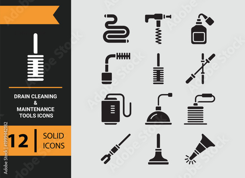 Drain Cleaning Tool Glyph Icons for Plumbing Service Equipment