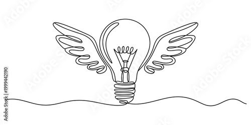 continuous one line drawing Creative inspiration, winged light bulb, idea icon, innovation symbol