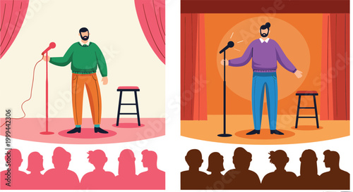 Stand Up Comedy Show Illustration with Comedian on Stage, Microphone Performance, and Audience Silhouette