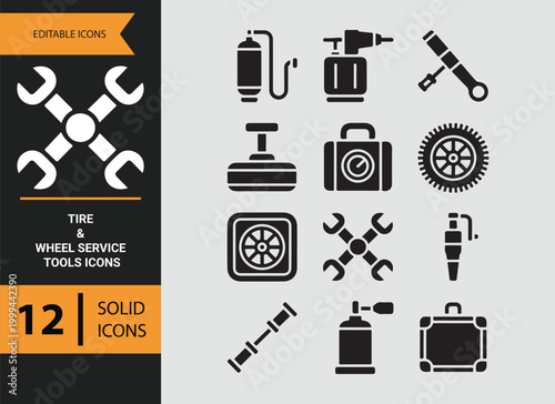 Tire Service Tool Glyph Icons for Wheel Maintenance Tasks