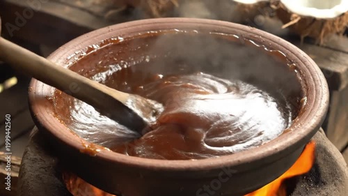 Stirring Thick Palm Sugar Syrup in Traditional Clay Pot Over Open Wood Fire
