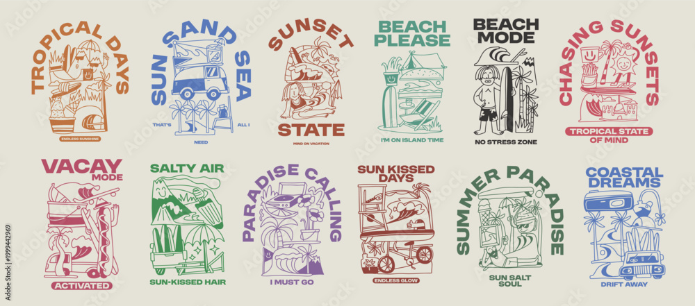 Naklejka premium Summer Paradise Beach T shirt Design. Beach Quotes, Outdoor, Vacation, Holiday. Cartoon Vector Illustration. Palm Beach Graphic Tee for Print.