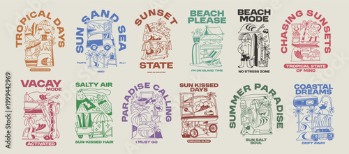 Summer Paradise Beach T shirt Design. Beach Quotes, Outdoor, Vacation, Holiday. Cartoon Vector Illustration. Palm Beach Graphic Tee for Print.