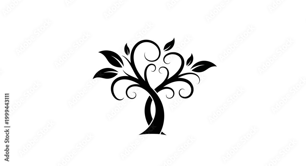 Obraz premium Abstract Stylized Tree Silhouette with Swirls and Leaves