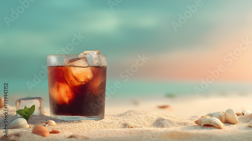     Iced Cola Glass on Beach Sand with Tropical Summer Ocean Background