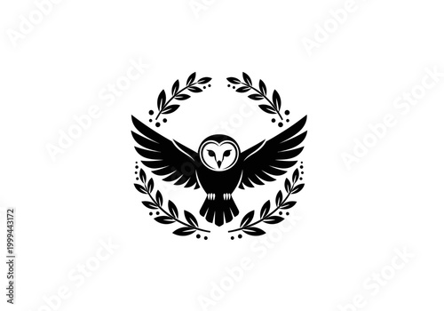 Fotografía Barn owl silhouette logo with laurel wreath on white