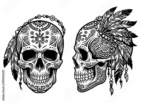 Tribal Sugar Skull Vector Illustration with Native American Feathers and Ornaments.