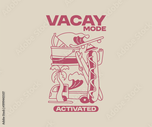 Summer Paradise Beach T shirt Design. Beach Quotes, Outdoor, Vacation, Holiday. Cartoon Vector Illustration. Palm Beach Graphic Tee for Print. Vacay Mode